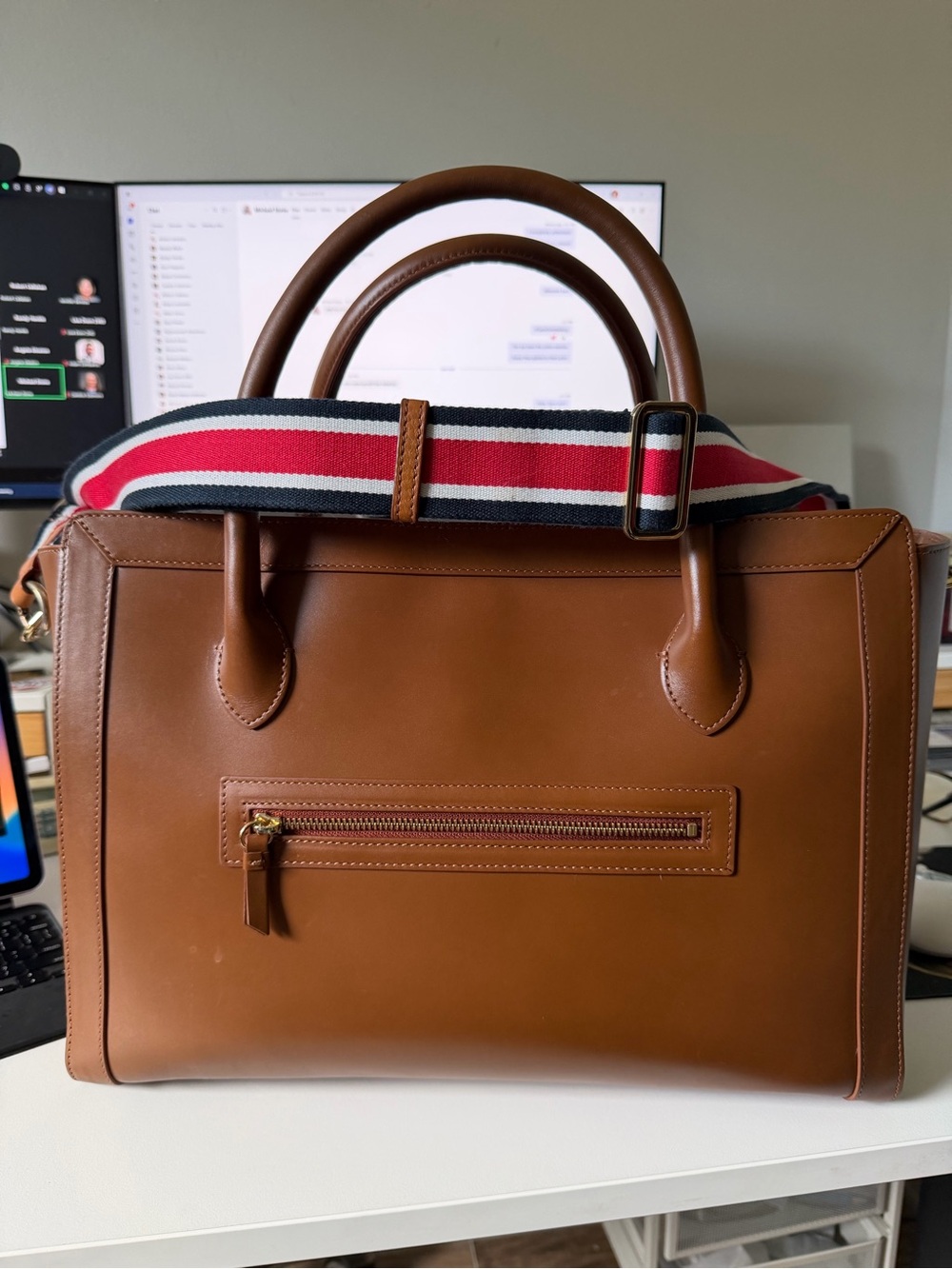Mark & Graham Brown Leather Laptop Tote with Red, White & Blue Striped Strap